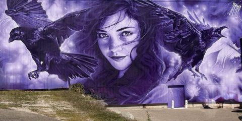 Fresque monumentale Douce Délivrance par l'artiste Aéro au festival la Teinturerie à Aurec-sur-Loire